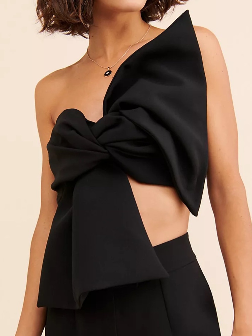 Anthropologie Moda Zeta Black Bow One-Shoulder Crop Top Size 2